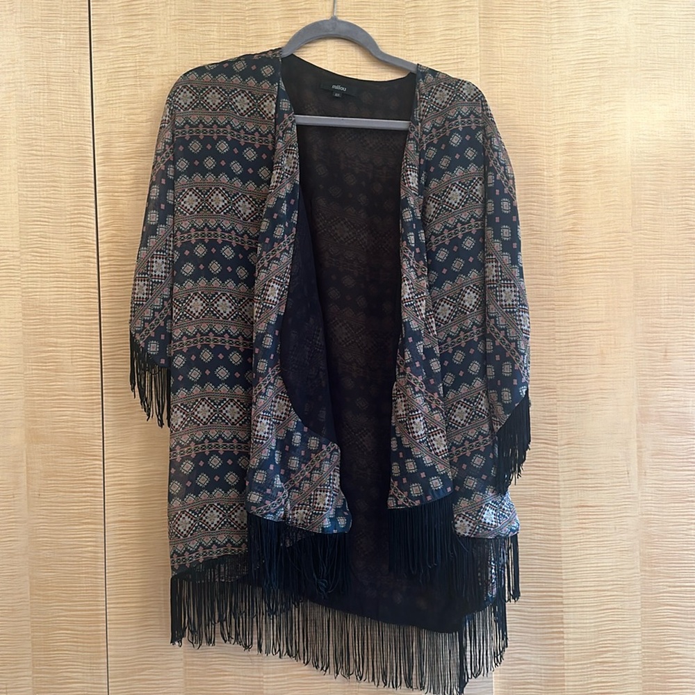 LF Millau Aztec Kimono Pink Black Multi Color Tassel Fringe End